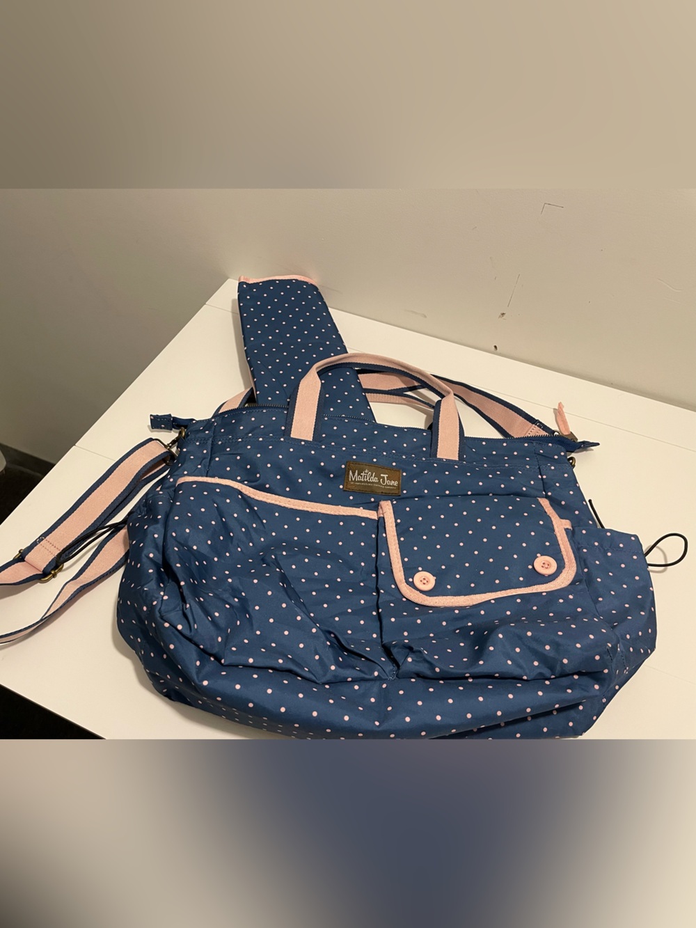 Matilda Jane Brand The Essentials Diaper Bag Navy Blue Pink Polka Dots